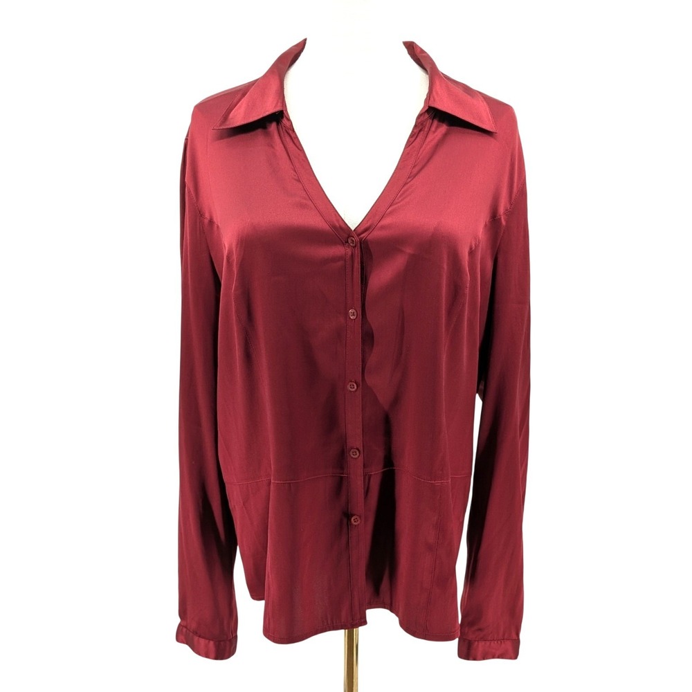 Semantiks Silk Button Front Blouse Burgundy Satin Minimalist XL